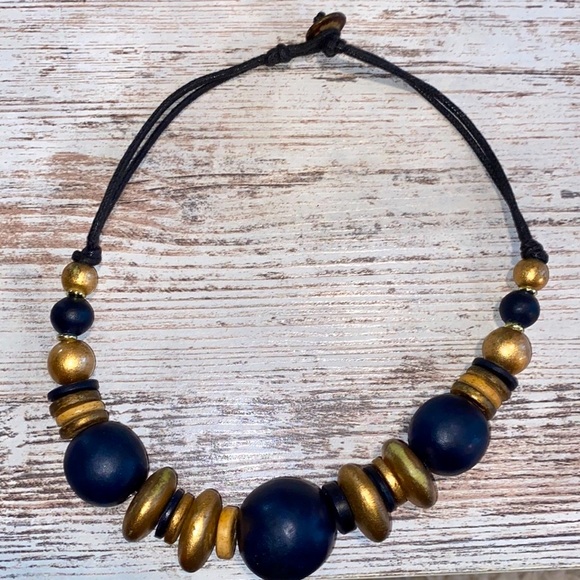 Navy and Gold Beaded Necklace - Picture 1 of 2